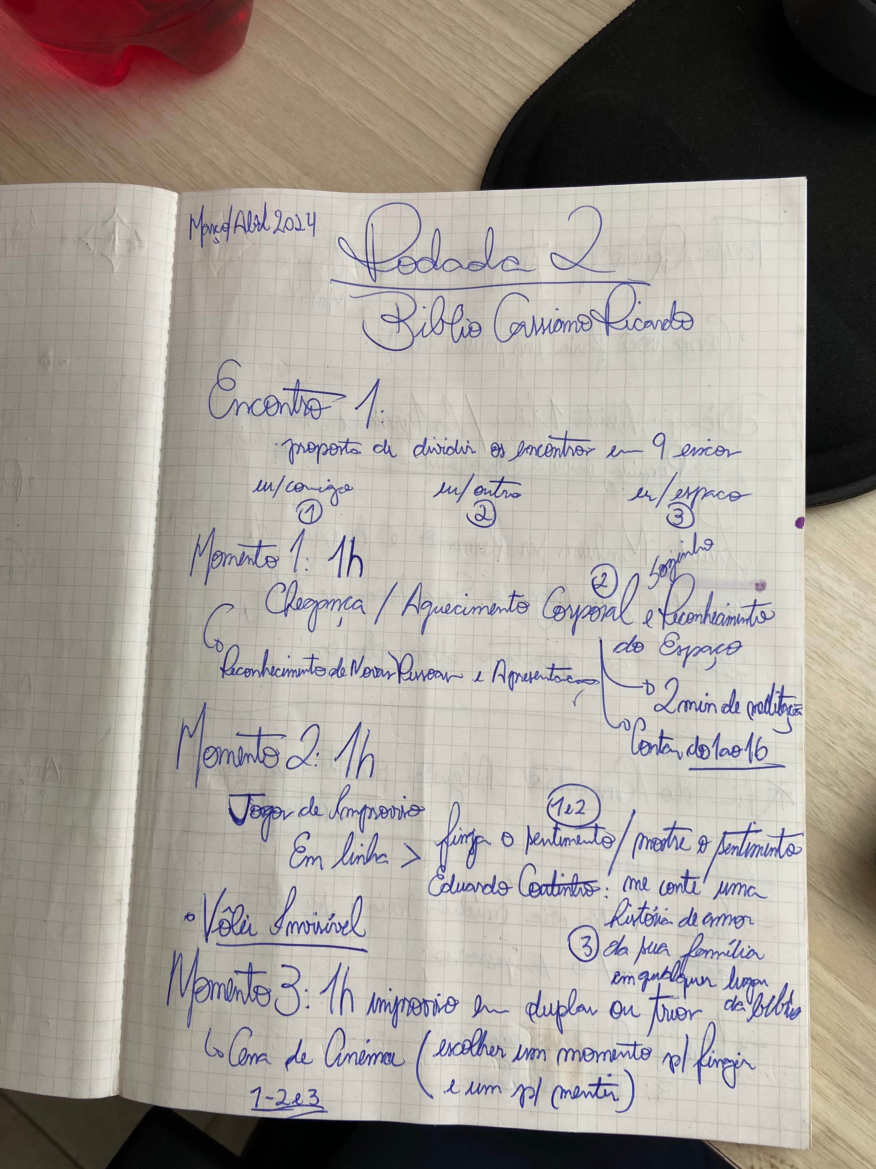 Registro de caderno com ordem do primeiro encontro da terceira rodada da oficina