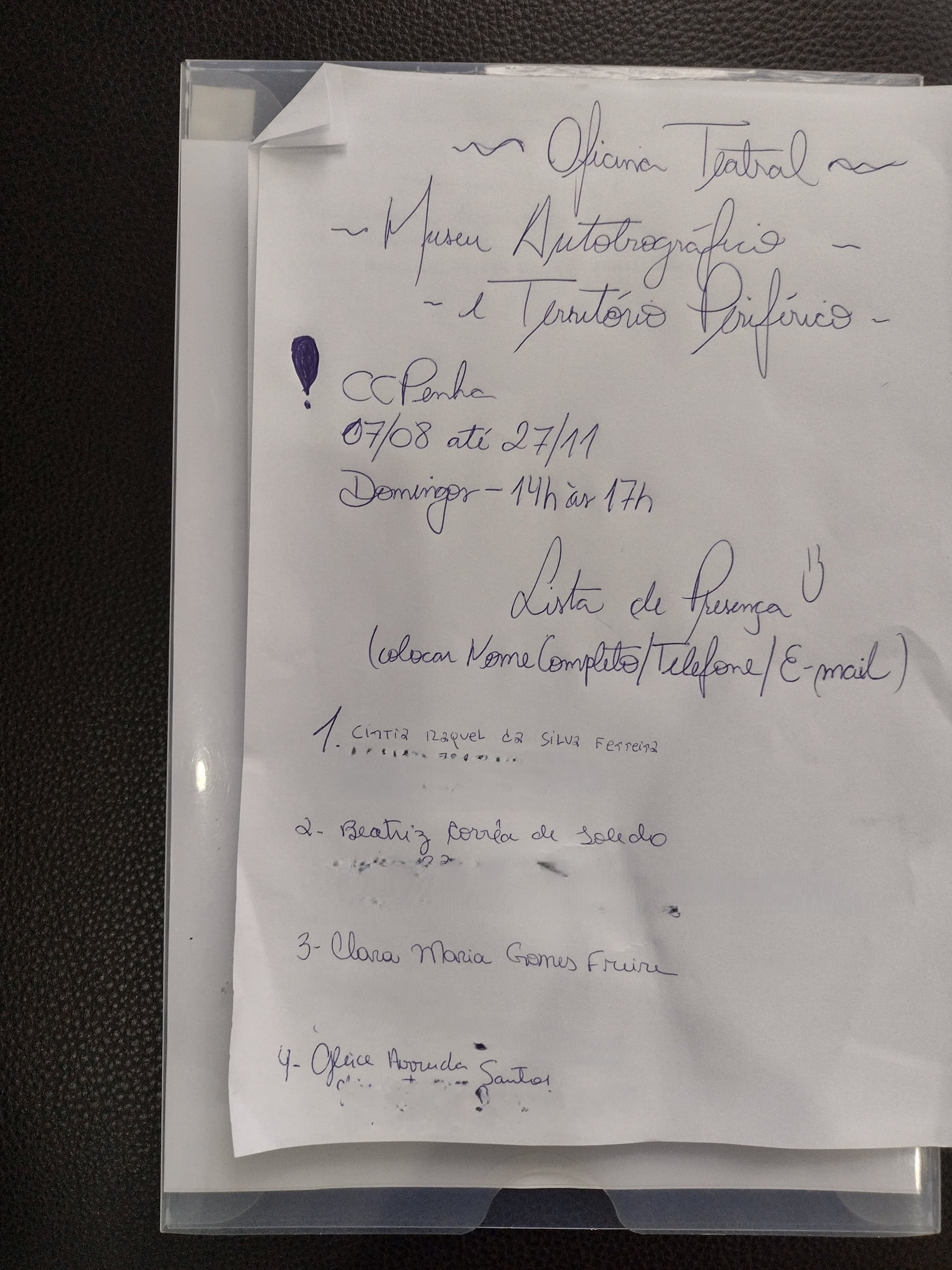 Lista de Presença da primeira oficina do Museu Autobiográfico